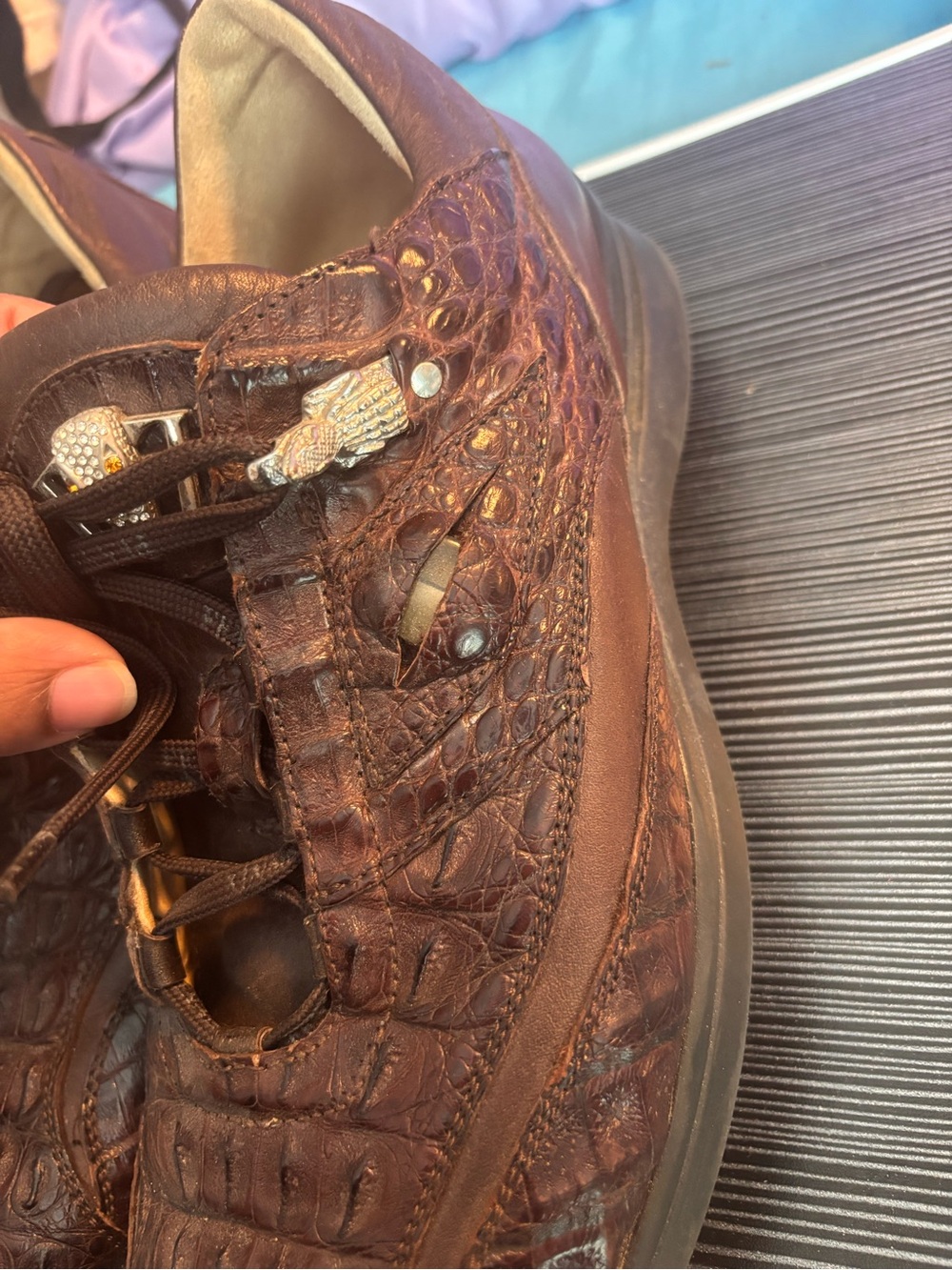 Mens brown Fennix Italy hornback alligator skin casual sneakers.